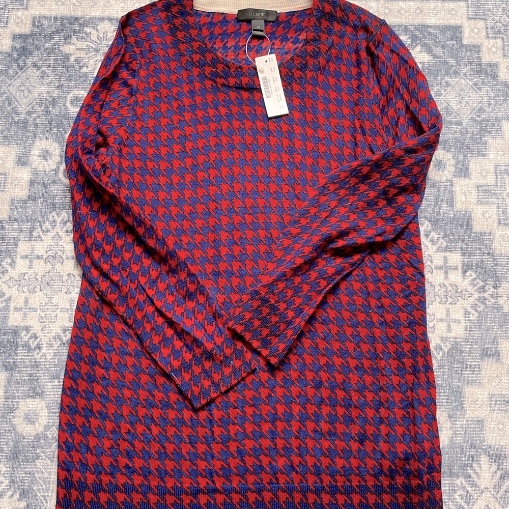 J. Crew Red and Blue Houndstooth Long Sleeve Top